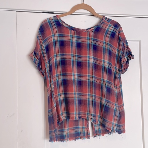 Anthropologie Cloth & Stone “Mallory” Button Back Flannel Plaid Short Sleeve Top - Picture 5 of 11